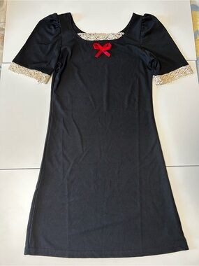 Black Mini Dress with Cream Lace and Red Bow
